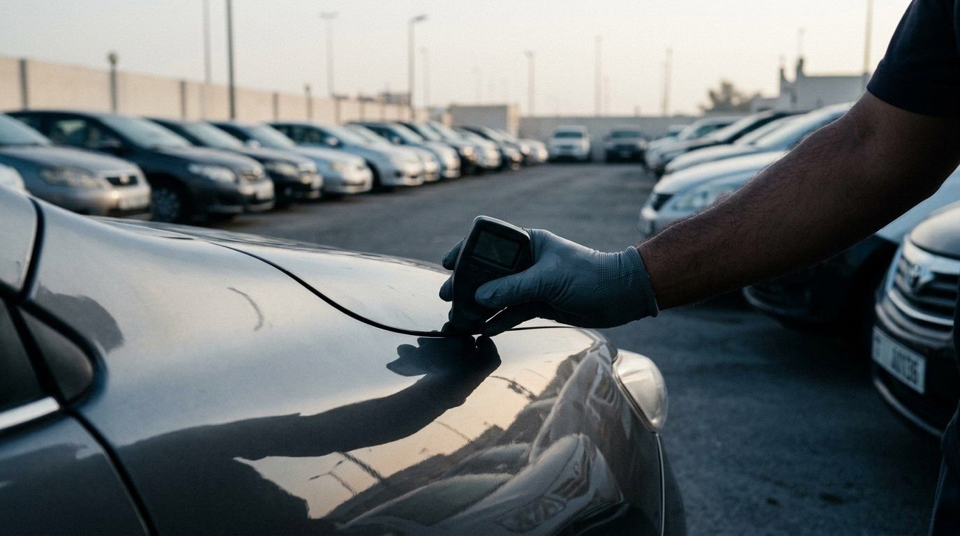 جهاز قياس سماكة الصبغ أثناء فحص سيارة مستعملة قبل الشراء في دبي